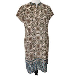 Danillo Boutique Brown Blue Paisley Mandarin Collar Cap Sleeve Crepe Dress 10